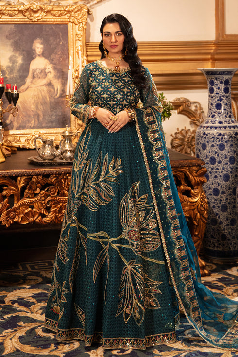 Naqshi zeemal zinc-grey organza choli with boat neckline adorned in contrasting hand‑adda embroidery & sequins, paired with geometric sequin jaal lehenga and matching organza dupatta.